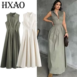 HXAO Female Dress Sleeveless Maxi Dress Women Pleated Zipper Party Dresses Fashion Slim Long Dresses Vacation Casual Dress Woman