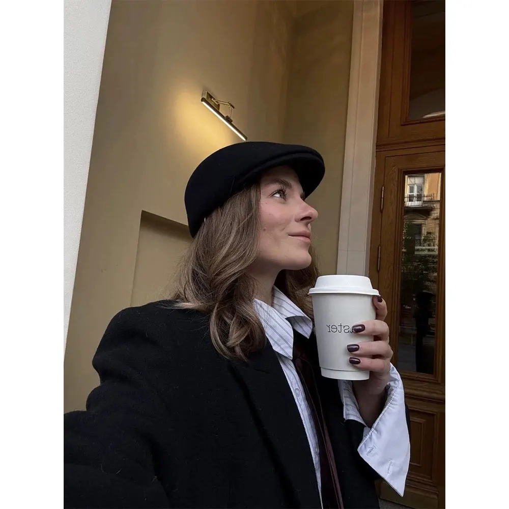 Winter Retro Zeitungsjunge Mütze Männer Frauen Wolle Hut Casual Baskenmütze Solide Unisex Fahrer Flache Kappe Kellner Kappe Street Style Chapeu Bäcker Hut – Detail 2