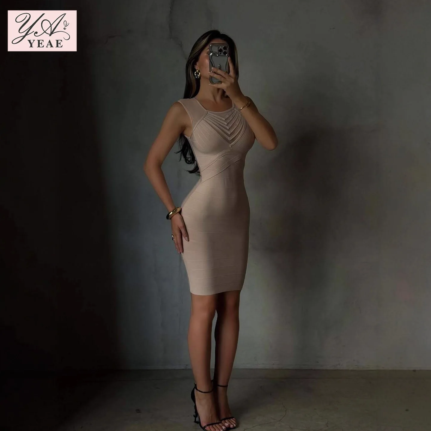 

Off-Shoulder Bandage Midi Dress - Slimming Mesh Panel Bodycon Dress with Round Neck