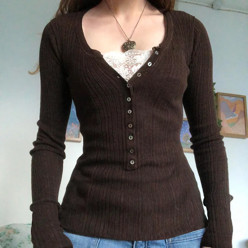

Ultra-Flattering Top Slimming Figure Knit Blouse Contrast Patchwork Lace Pullover European Streetstyle Trendsetting Shirt