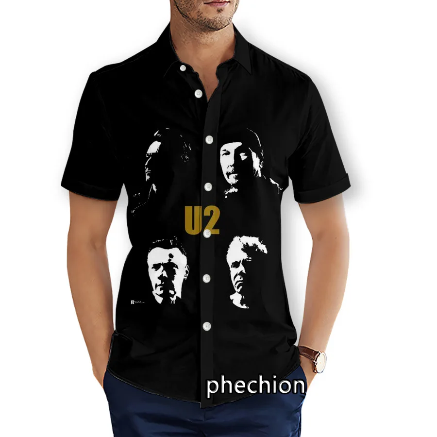 phechion Summer Mens Short Sleeve Beach Shirts U2 Band 3D Printed Casual Shirts Fashion Streetwear Men Tops X29