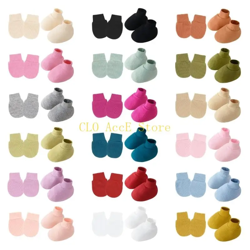 

16FE Soft & Breathable Cotton Baby Mittens and Socks Set for Newborns 0-6 Months Anti Scratches Design Gloves Foot Cover