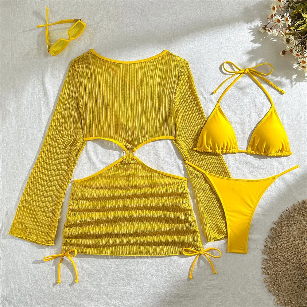 

Sexy Backless String Bikini Long Sleeve Swimsuit Dress Beach Cover Ups Hollow Outfit Women Brazil Vacation Swimwears Y2K Bikinis