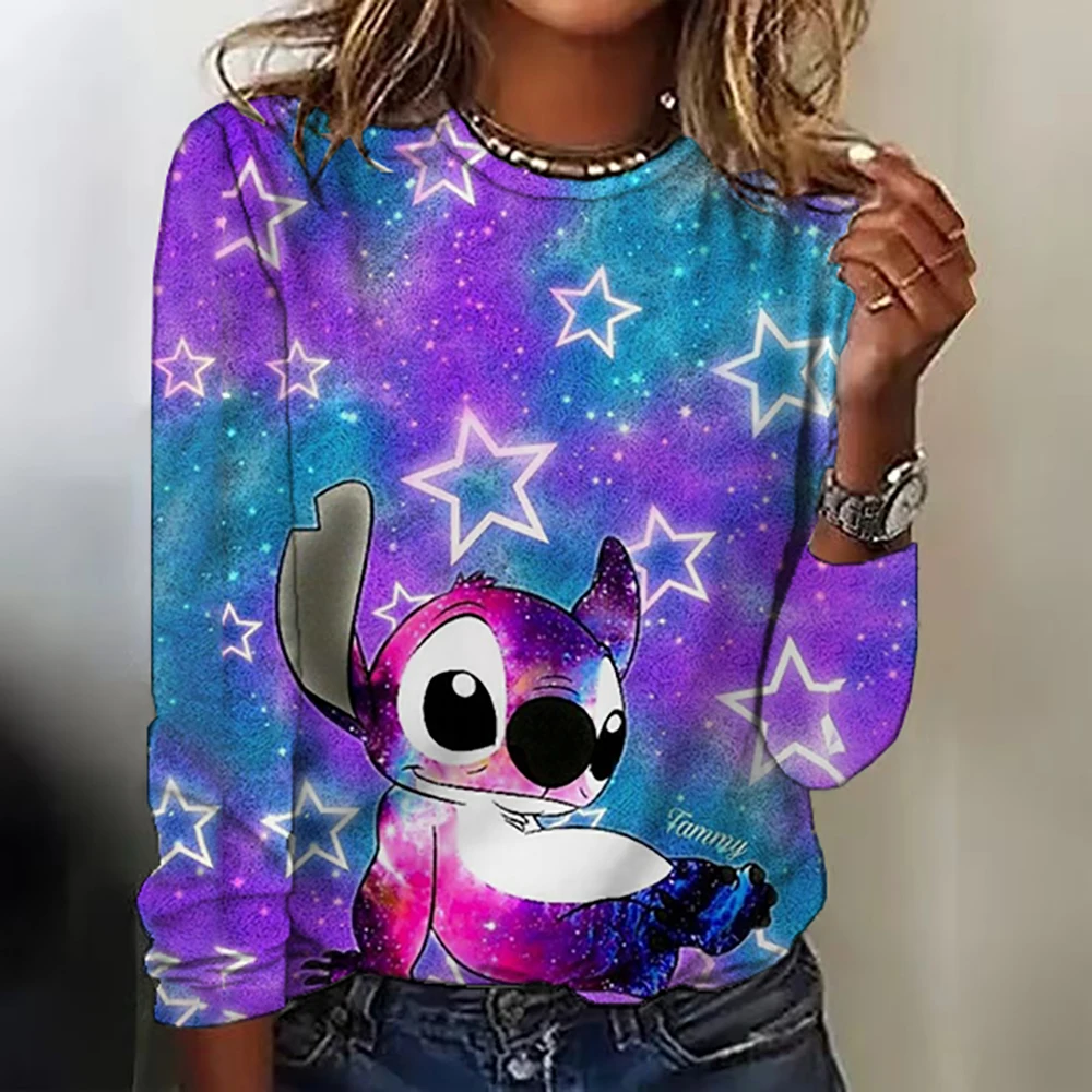 Kawaii Lilo Stitch Print Women's Long sleeved T-shirt Women's Summer Children's T-shirt Casual O-neck Ohana Stitch Disney T-shir