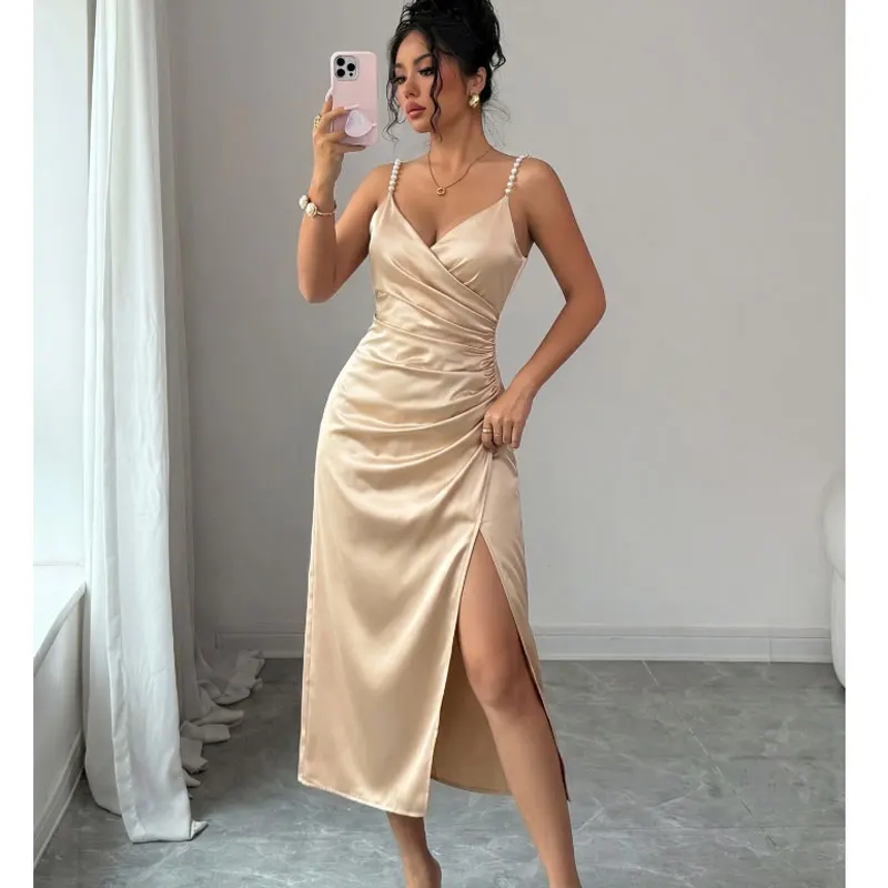 Summer Summer New Women's Pure Color Cross Collar Pearl Trim Mid-Length Belted Midi Dress Sleeveless High Waist Split Backless Dress - Aliexpress Deal