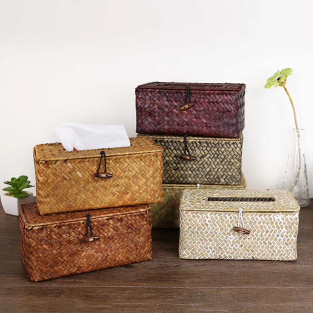 Rattan Wicker Woven Paper Storage Box Tissue Box Tissue Holder Napkin Cover Napkin Dispenser Square Seagrass Desktop Decor