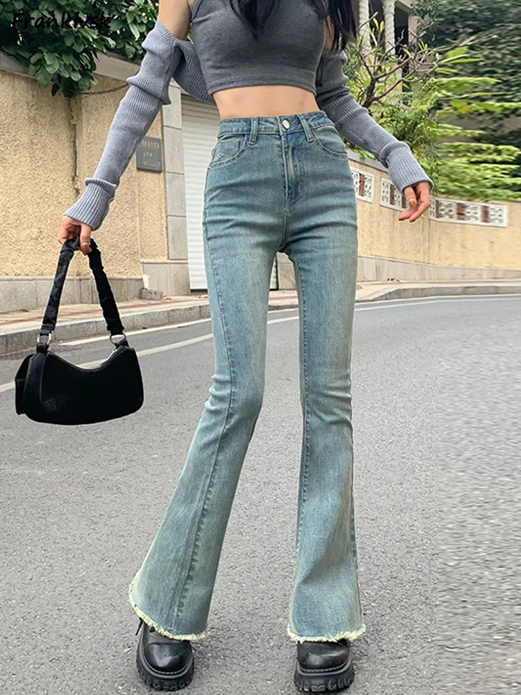 Retro Jeans Women Spring European Style Leisure Slim Simple Pure Streetwear Elegant Flare Trousers All-match Hotsweet High Waist