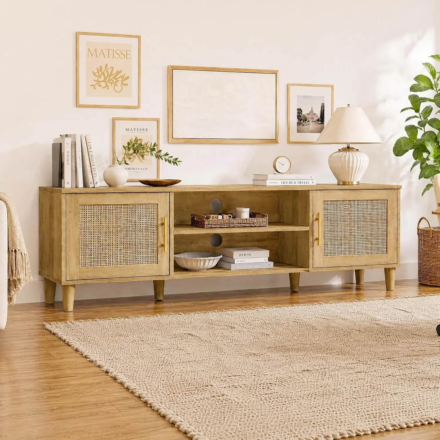 Boho TV Stand for 65 Inch TV Entertainment Center Rattan Door Shelves & 2 Cabinets Media Console Living Room Bedroom, Customized