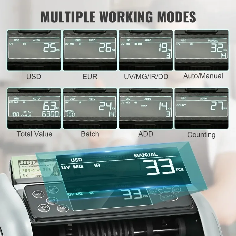 【Upgraded】SucceBuy 1000 Pcs/Min Money Counter Business Cash Register Bill Counterfeit Bill Detector by UV/MG/IR/DD Function for