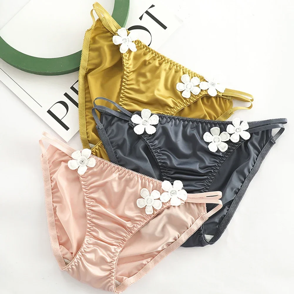 Womens Sexy Flower Decorated Smooth Satin Panties Breathable Comfortable Cotton Crotch Underpants Low Waisted Triangle Pants