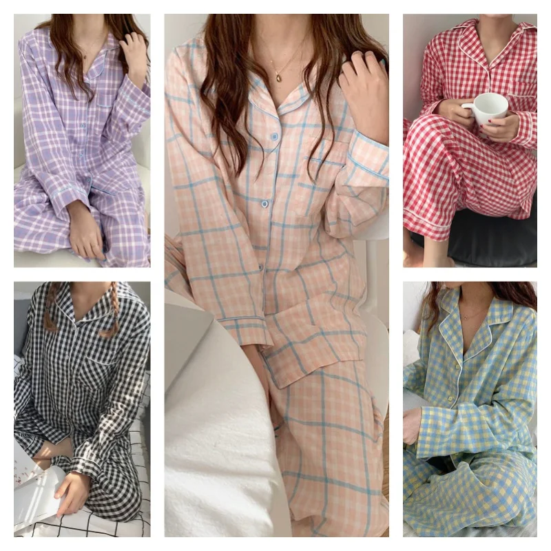 Spring and Autumn Korea Plaid Long Sleeve Cartoon Cute Comfortable Casual Simple  Soft Fashion Elastic Home Women\'s Pajamas