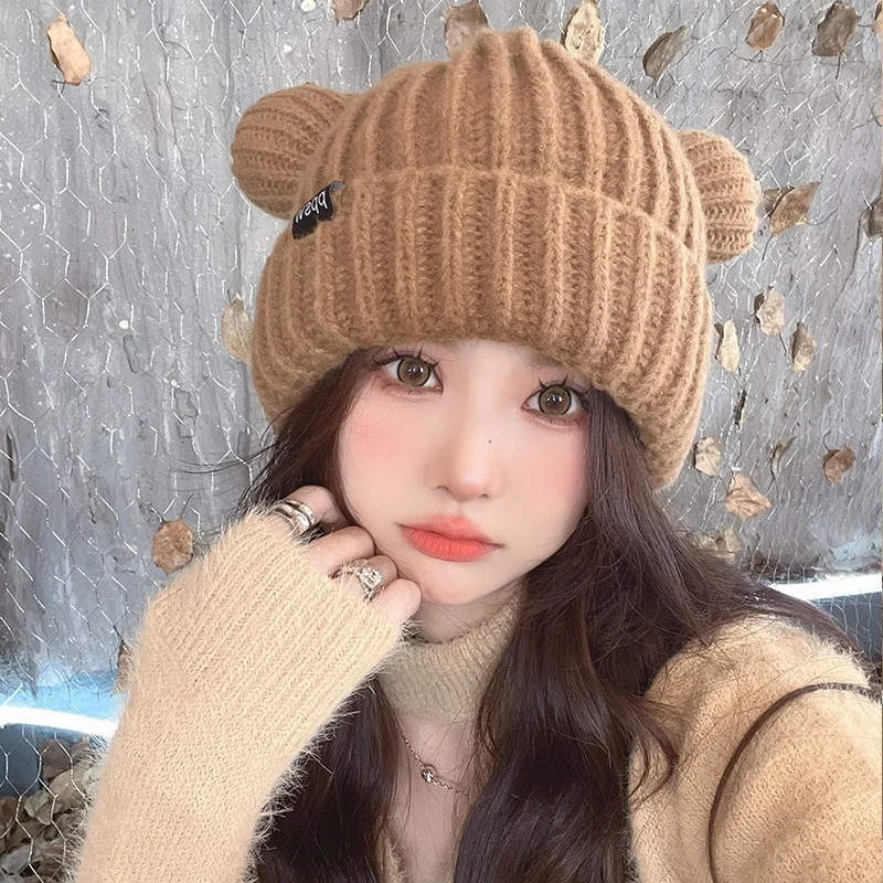 Lovely Bear Ear Hat Winter Women Knitting Warmer Hat Thickened Cute Bear Ear Cap Coldproof Ear Peotective Cap for Girls Skiing