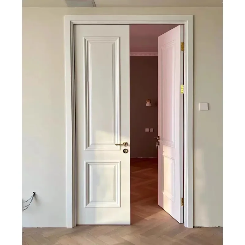 for French Double Opening Solid Wood Door Painted with Buckle Line for Living Room Bedroom Interior Wooden Doors