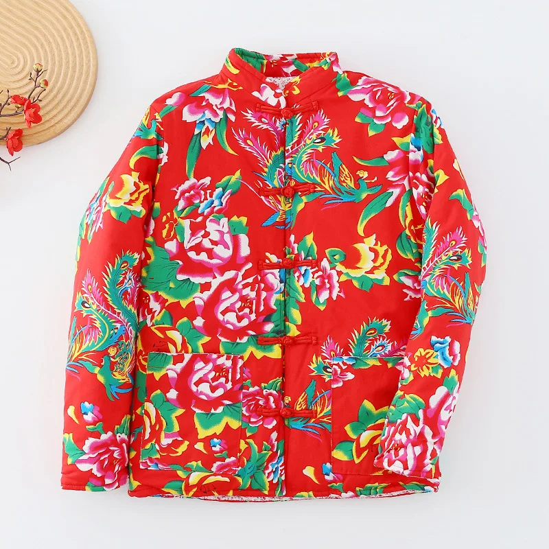 China Northeast Red Print Flower Tang Suit Jacket Autumn Winter Cotton-Padded Thickened Coat Dance Yangge Costume Ethnic Clothes