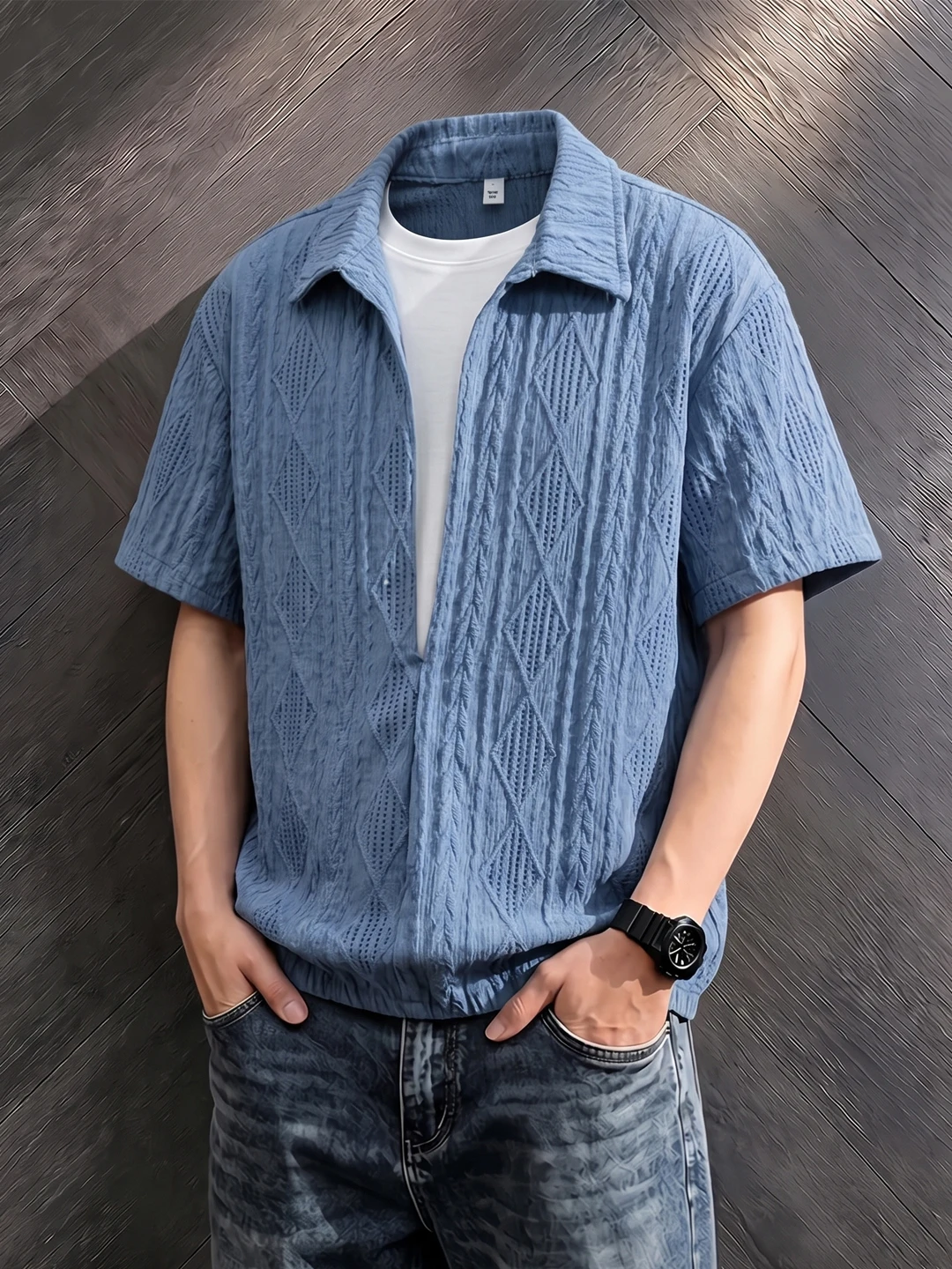 American Style  Shirt Hollow out Fake Two-Piece Loose Fit Short Sleeve Men's Summer Breathable Textured Half Sleeve T-Shirt
