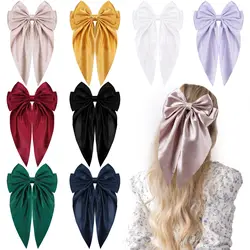 6.5inch 8pc Set of Women's Large Satin Layered Hair Bows Large Hair Clip Girls Hair Clips Long Ribbon Bow Hair Accessories