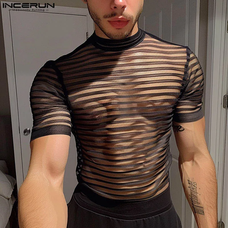 INCERUN Men T Shirt Striped Mesh Transparent Turtleneck Short Sleeve Men Clothing Streetwear 2024 Skinny Fashion Camsietas S-5XL