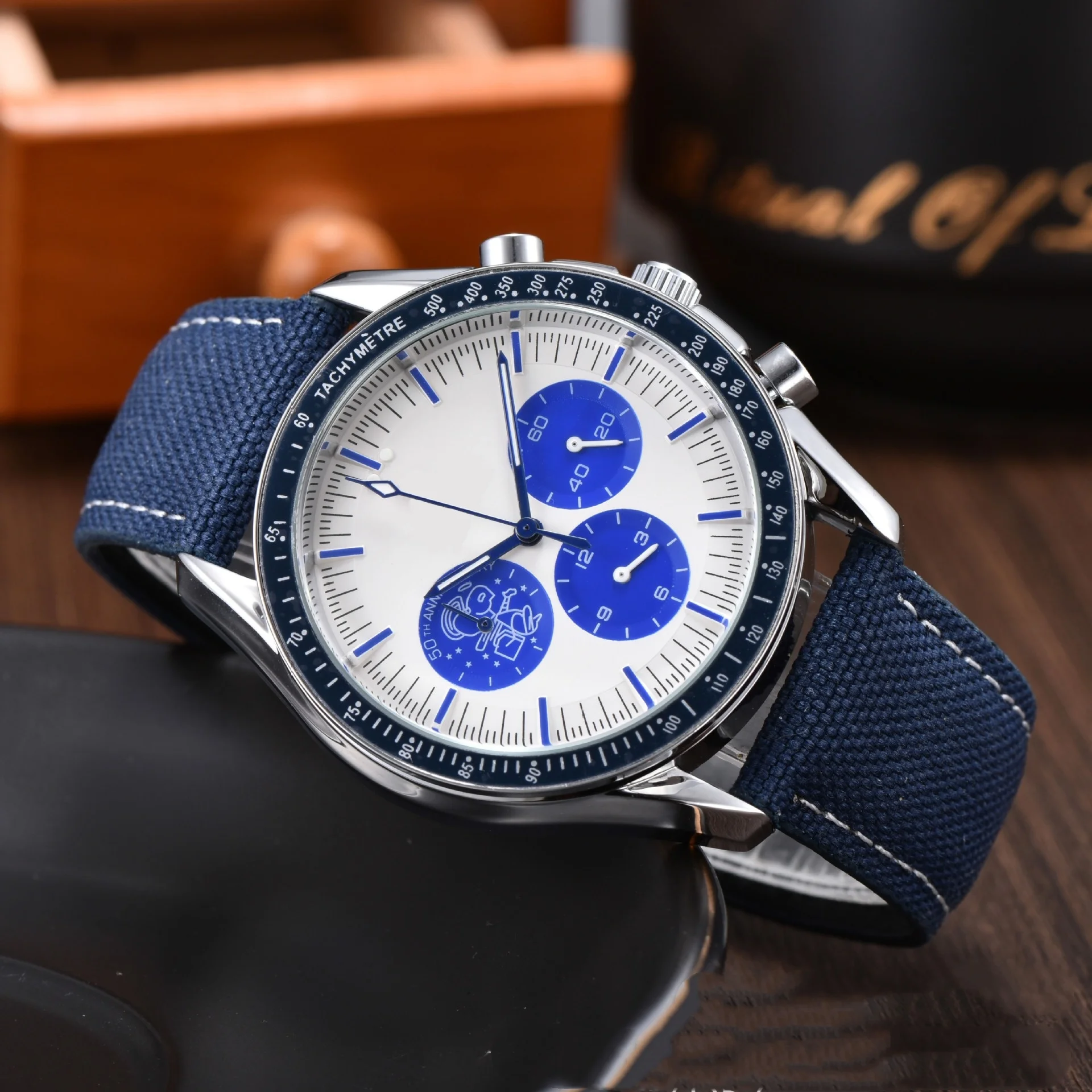 Men's Casual Sport Wristwatch Men's Chronograph Watch, Moon Print Dial, Canvas Strap, Tachymeter Sport Watch