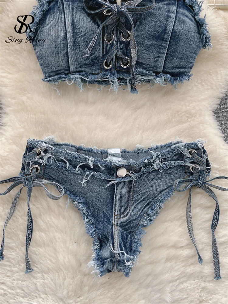 SINGREINY Retro Women Bikini Denim Suits Summer Halter Camis+ Mini Pant Lingeri… - Image 4