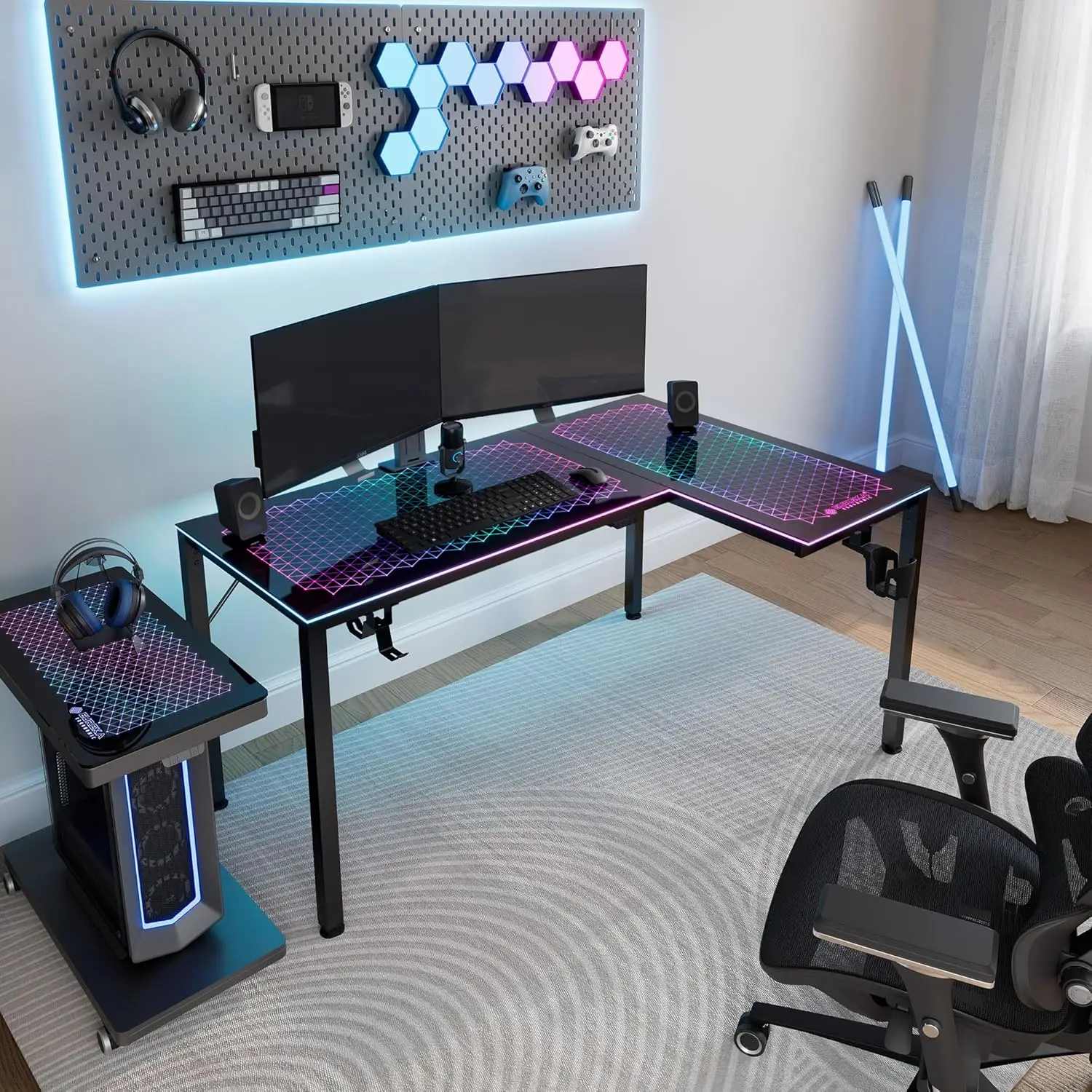 RGB LED Lights 60 Inch L Shaped Reversible Black Glass Gaming Desk Home Office Computer Table GTG L60