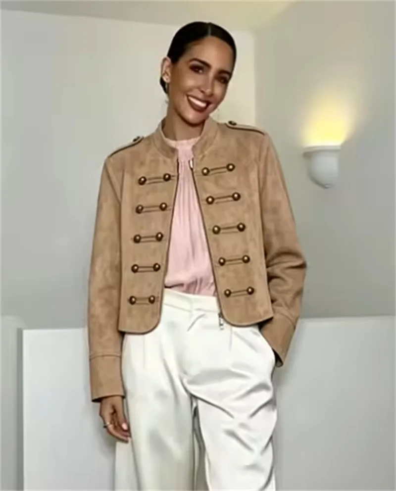 Guobioziy 2026 Fall New Arrival Women's Jacket Camel Long-Sleeve Button-Decorated Napoleon Knight Biker Jacket Stylish Trendy