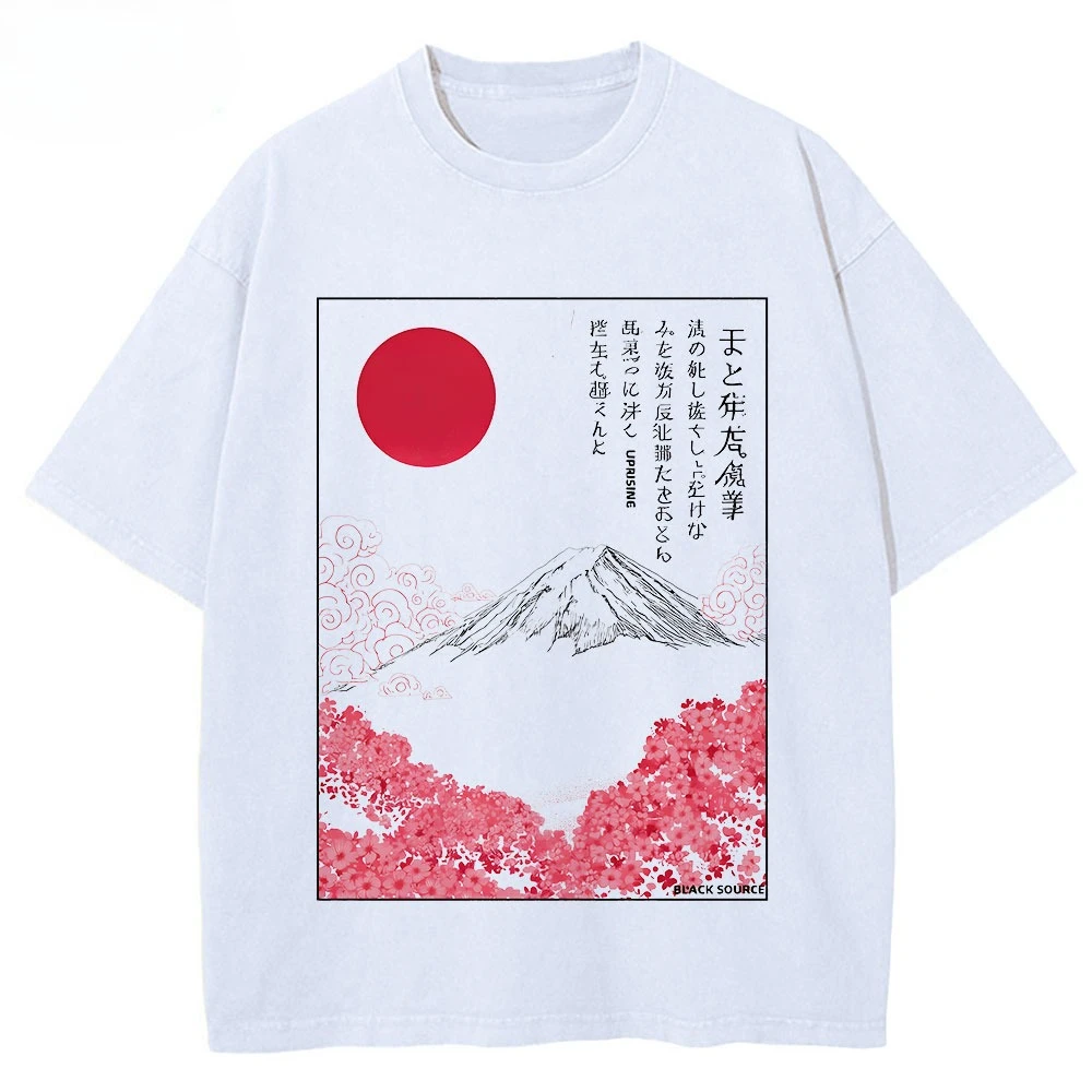 Cotton Mount Fuji Sakura Graphic T Shirt Traditional Japanese Scenery Frame Print Unisex Crew Neck Short Sleeve Streetwear Tee
