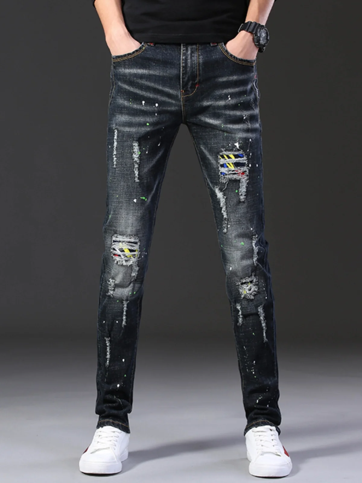 

Blue Paint Splatter Distred Patchwork Slim Fit Straight Leg Men's Jeans Korean Sle Spring Autumn Casual Wear Resistant