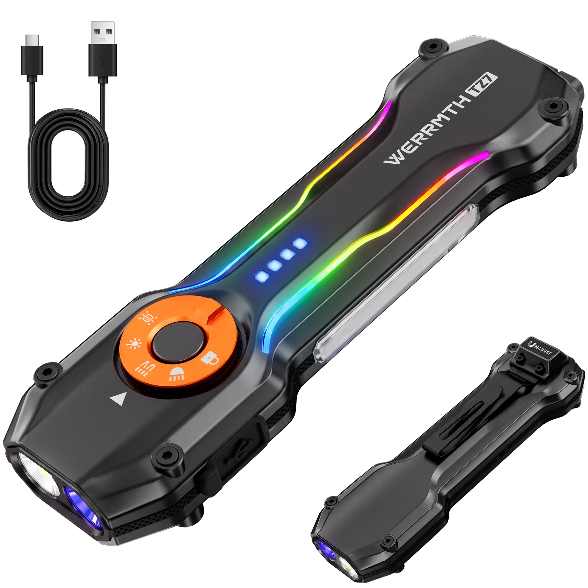Multifunctional EDC Flat Flashlight 1000mAh USB‑C Rechargeable 1000LM COB Side Light RGB Ambient 365nm UV Light IPX Waterproof Magnetic Work Torch With Dual‑Way Clip for Car Repair Camping Emergency