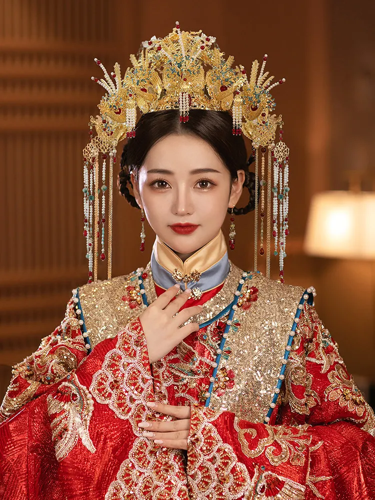 Luxury Chinese Phoenix Crown Bridal Headdress Long Tassel Pearl Hanfu Wedding Hair Ornament Ancient Cosplay Headpiece