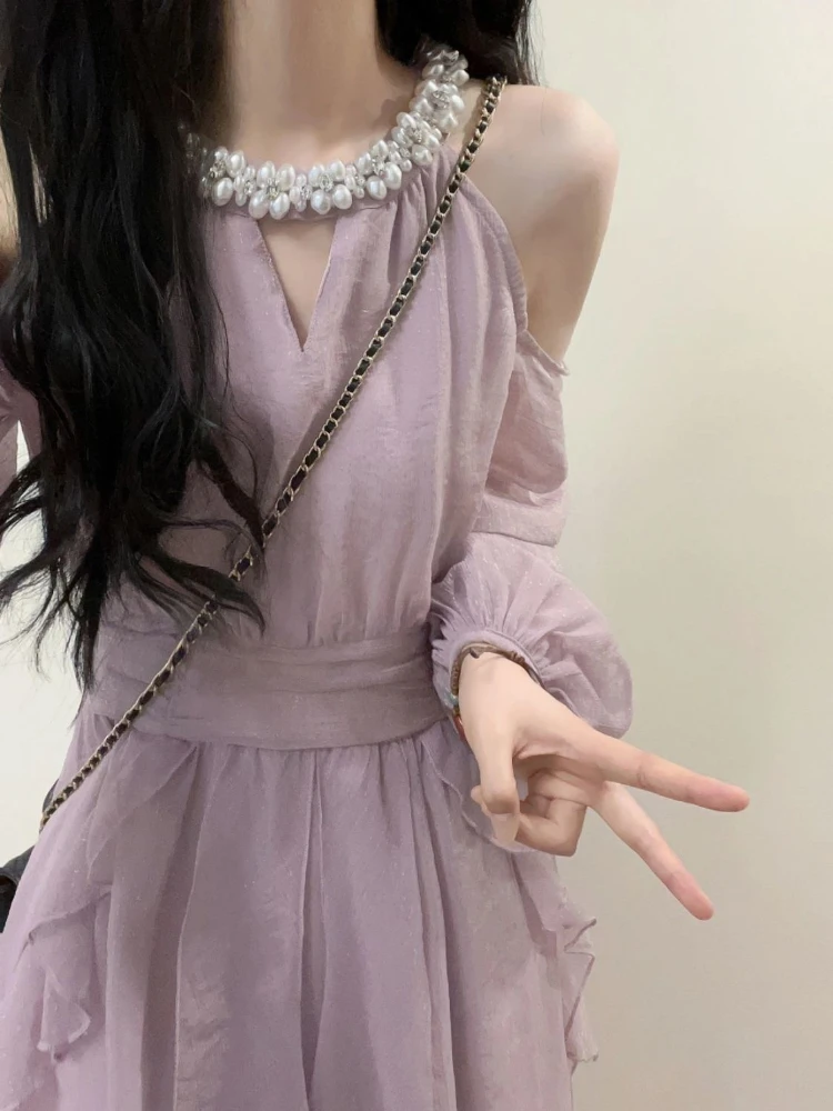 OCEANLOVE Purple Long Dresses French Style Solid Beading Spring Summer Vestidos Mujer Elegant Korean Fashion Women Dress