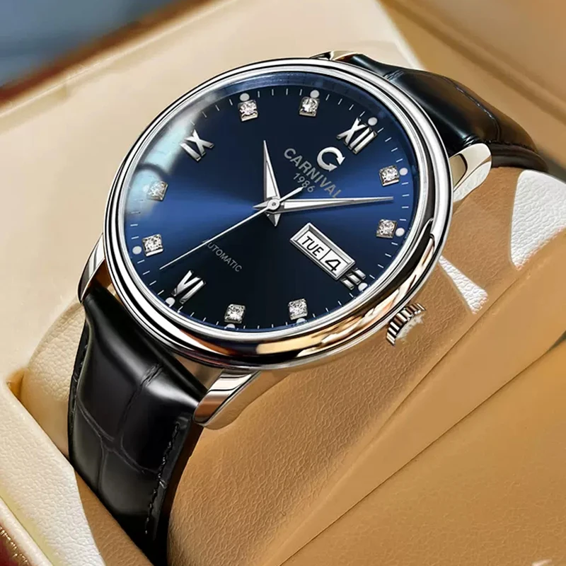 Carnival Brand Luxury Imported Movement Automatic Mechanical Watch Men Leather Strap Sapphire Fashion Week Date Business Watches