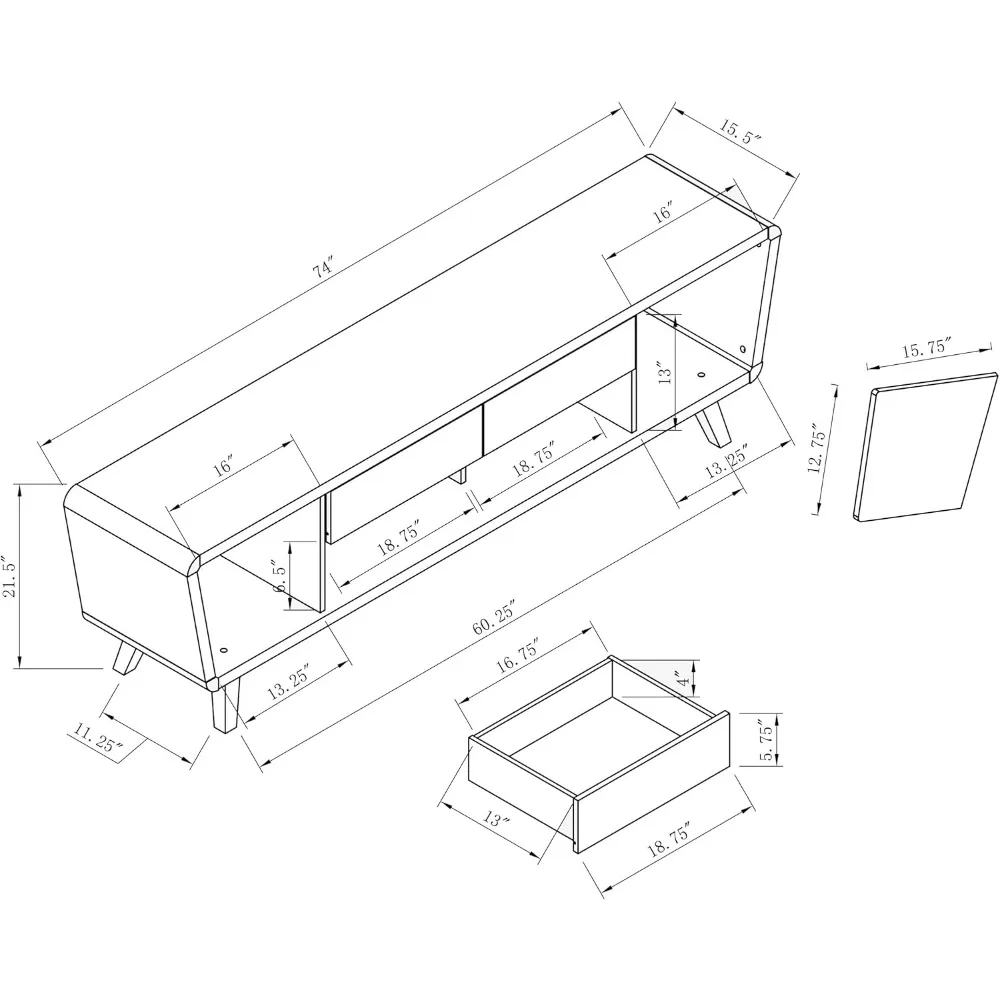 حامل تلفزيون من الخشب المفصلي مقاس 74 بوصة مع بابين، وأدراج تخزين، وخزائن، ولمسة نهائية بيضاء، ومركز ترفيه موفر للمساحة