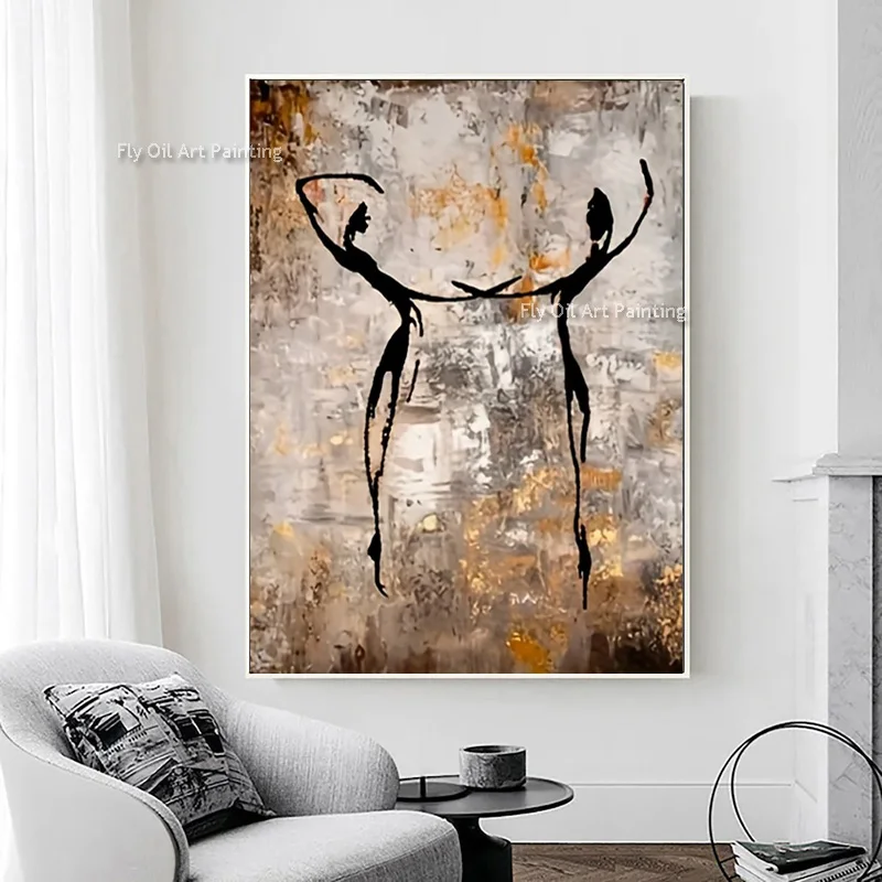 Brown And Grey Abstract Thick Canvas Oil Painting Hand Painted Black Brown Couple Dancing Wall Art Original Design For Decor