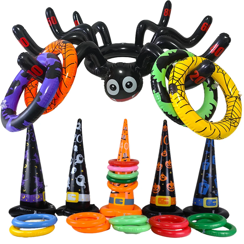 Halloween Theme Inflatable Ring Toss Game Spider Witch Hat Ferrule Ring Halloween Party Kids Favor Game Entertainment Supplies