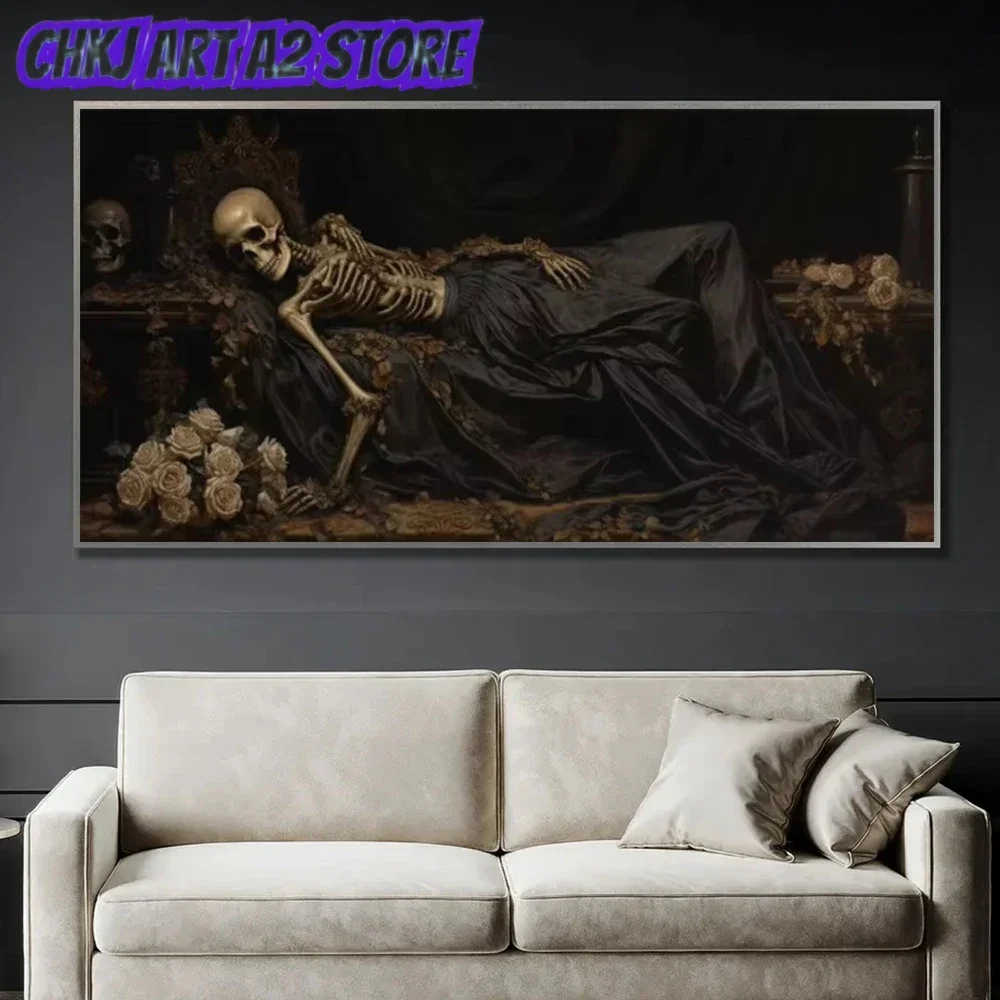 Dark Academia Wall Art Sleeping Skeleton Poster Print Creepy Victorian Eternal Slumber Skull Canvas Painting Gothic Home Decor