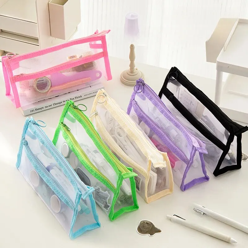 1pc Mesh Pencil Case Clear Stationery Bag Simple Portable Pen Bag For School Student Office Stationery Organizer 1 Or 2 Layers