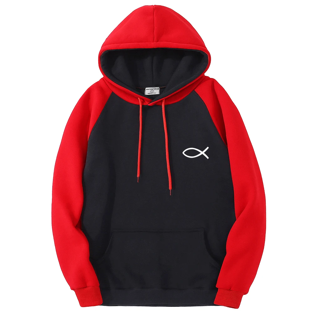 Eine einfache Zeichnung von Fischmuster Mann Raglan Hoodies trendige warme Hoody lässig lose einfache Langarm Fleece männliche Pullover