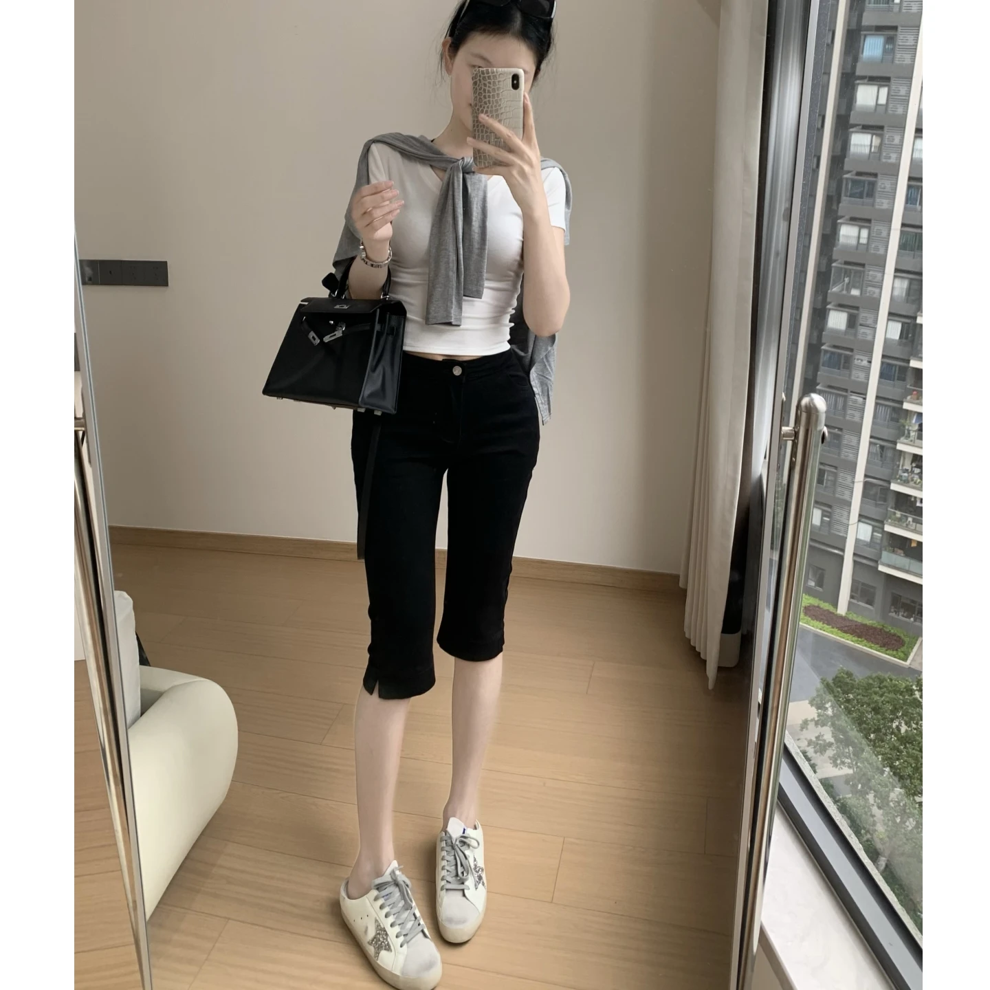 Black Skinny Jeans Women's Summer Thin Five-Point Elastic Slimming Pants High Waist Cotton Stretch Denim Soft Fabric Zipper C...
