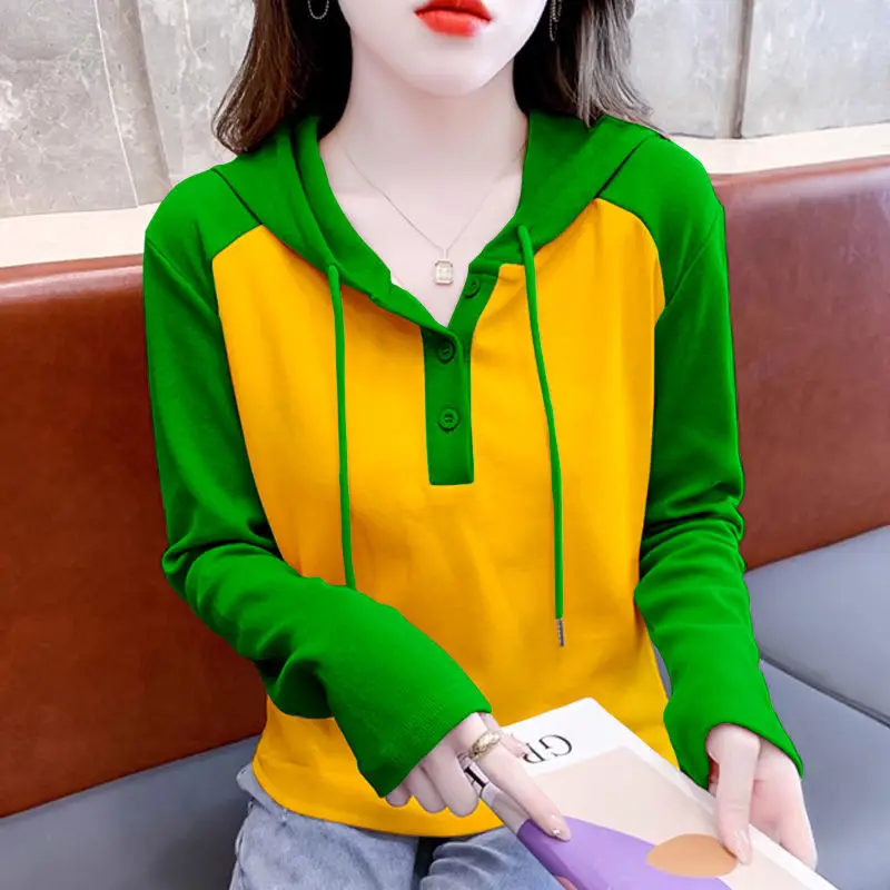 Spring Autumn Casual Patchwork Blouse Fashion Contrasting Colors Women\'s Clothing Hooded Drawstring Button Korean Straight Shirt