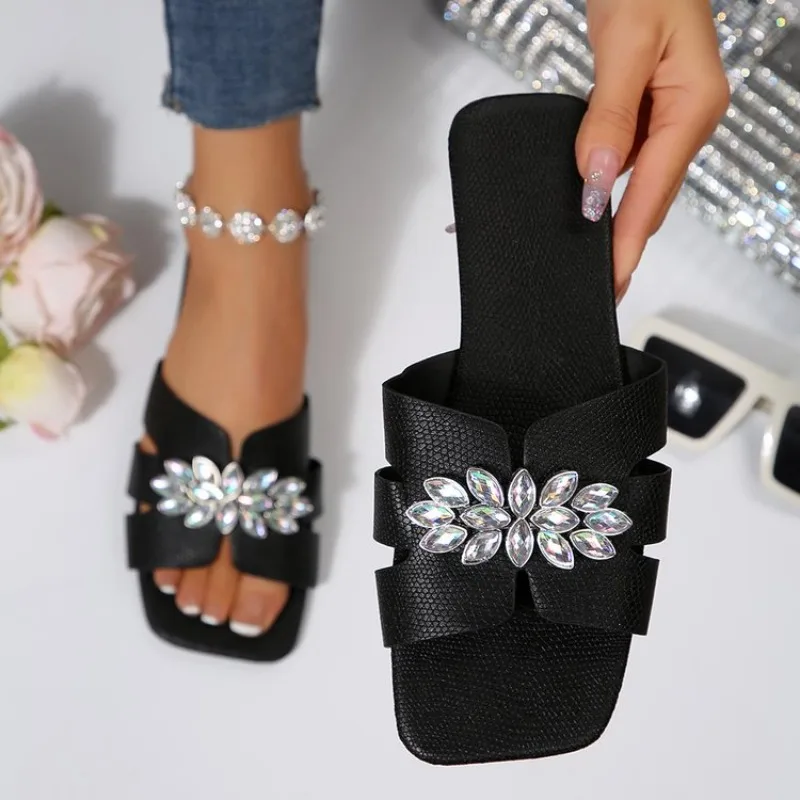 Women's Flat Sandals Square Toe Slip on Backless Slides Rhinestone Embellishment Textured Upper Casual Summer Slipper Shoes 2026