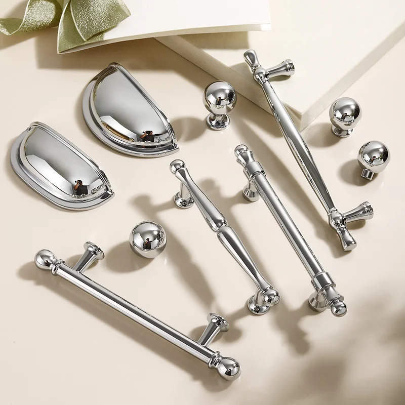 French Zinc Alloy Cabinet Pulls Bright Chrome Drawer Knobs Long Pulls Furniture Handles for Kitchen Wardrobe Cupboard Handles