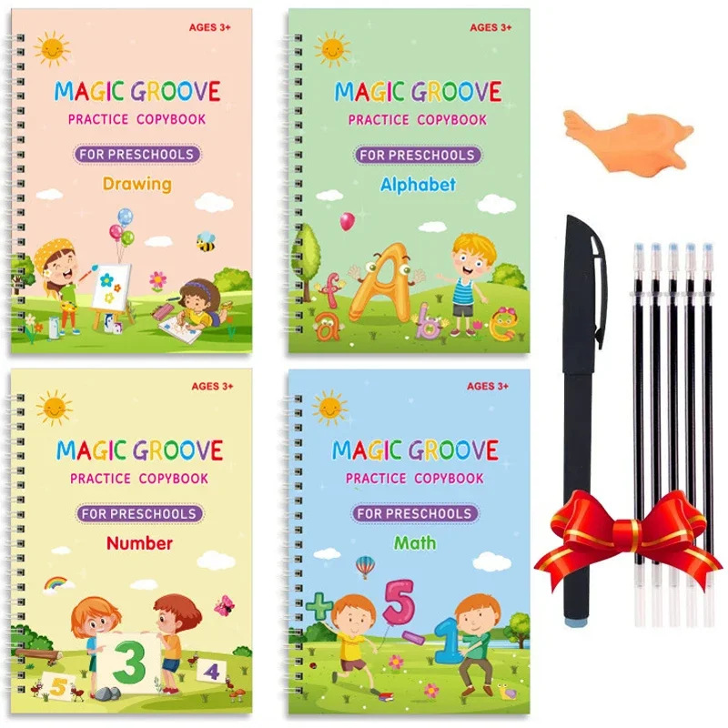 4 Bücher SANK Copybooks Pen Magic Copy Book Free Wiping Kids Writing Sticker Practice Copybook für Kalligraphie