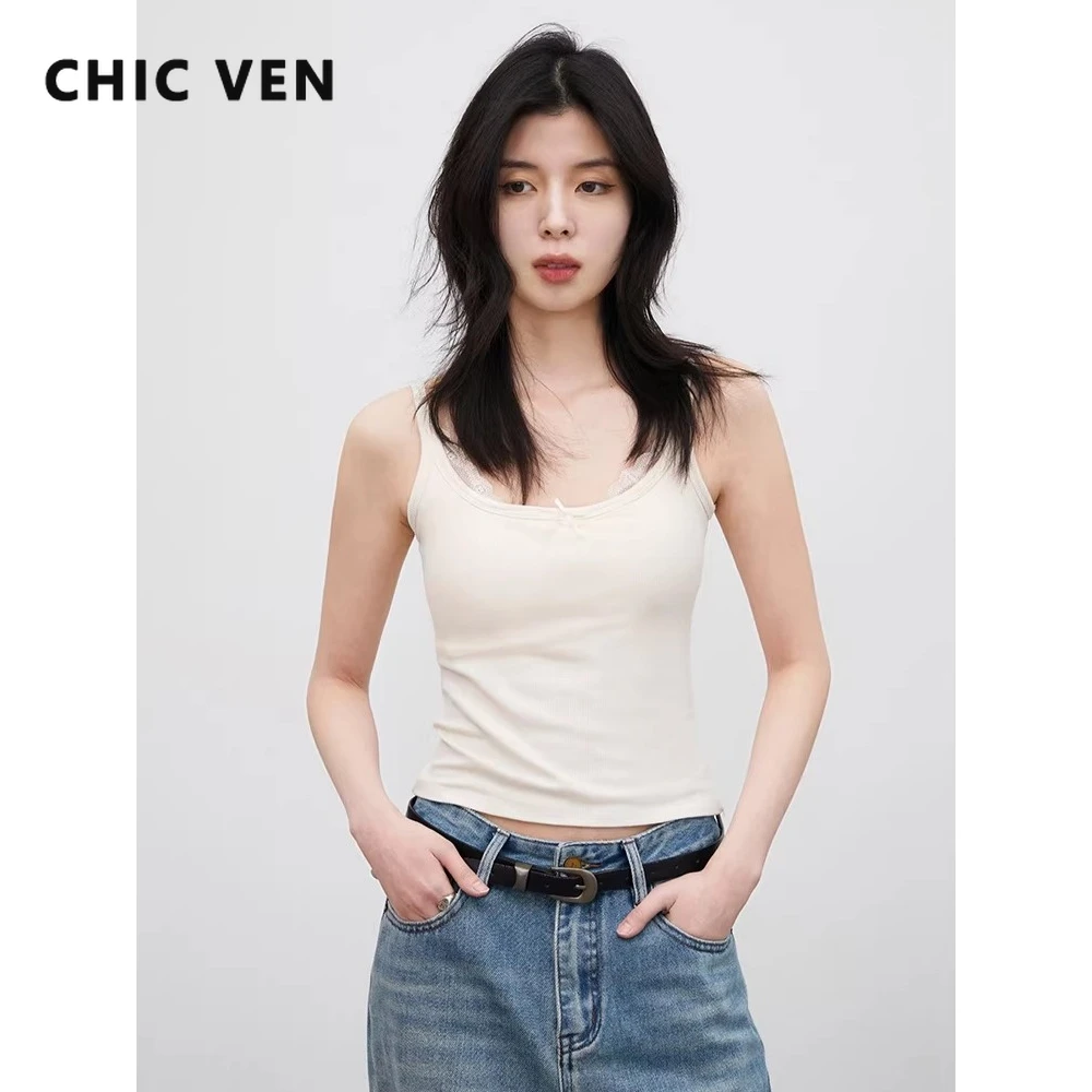 CHIC VEN Damen Tanktops – Neues, schmales U-Ausschnitt-Top mit Spitzen-Patchwork und Brustpolster, ärmellos, Frühling/Sommer 2026