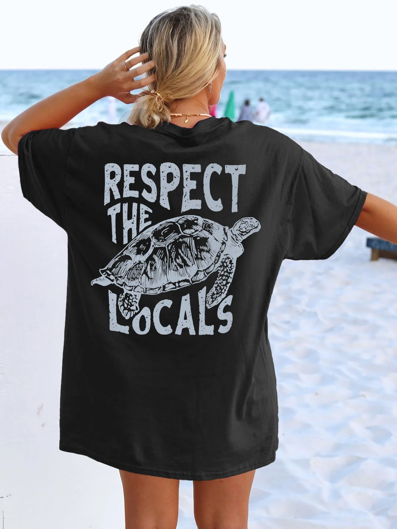 

Women's RESPECT THE LOCALS Sea Turtle Graphic Print Crew Neck T-Shirt Dress - Black with White