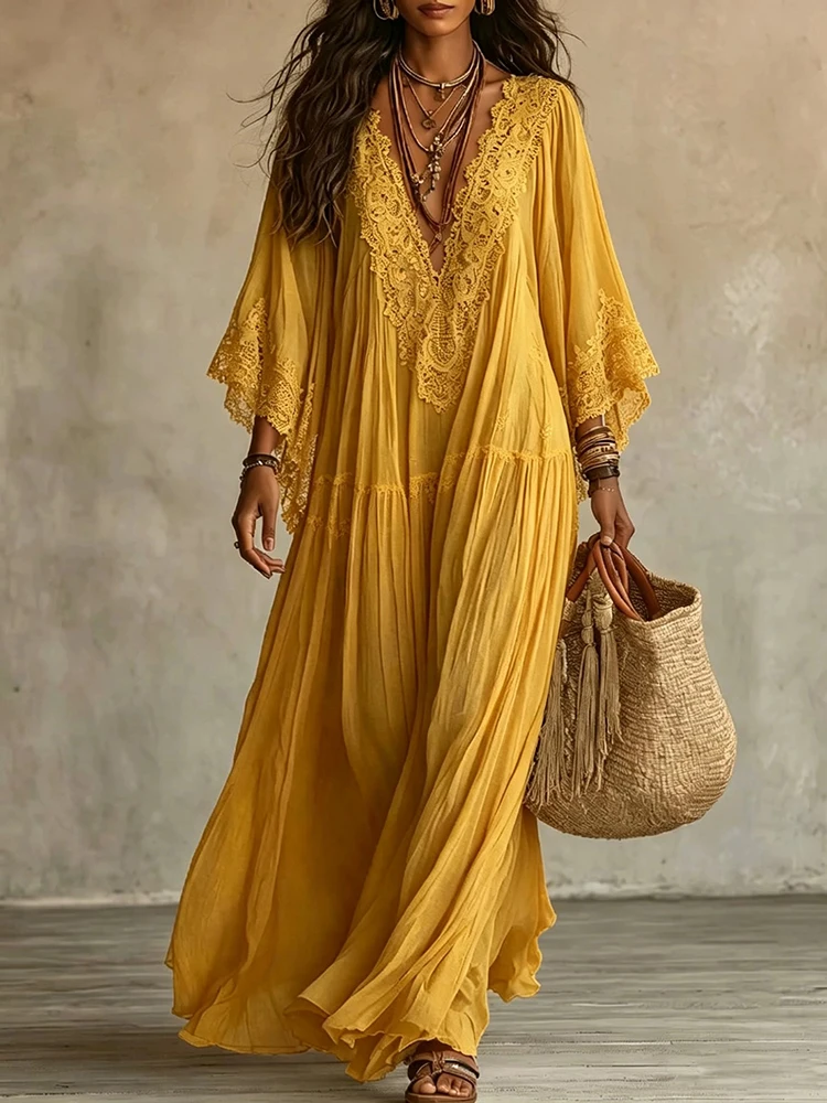 Women's Casual Flared Sleeve Draped Long Party Dress Elegant Temperament Loose Dresses Sexy V Neck Lace Trim Solid Holiday Dress
