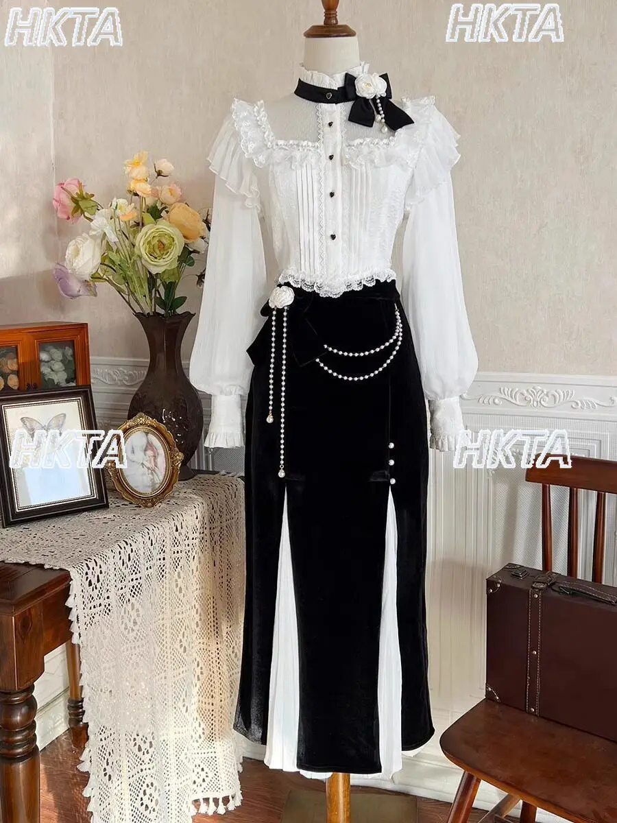 Court Autumn Retro Temperament Elegant Lace Pleated Long Sleeve Short Shirt Top Pearl Split Black White Fishtail Skirt Set Women