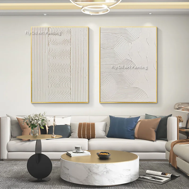 Handmade Original Artwork Pure White Texture Thick Canvas Oil Painting Simple Design Set Of Two Wall Art Decor For Room Hall