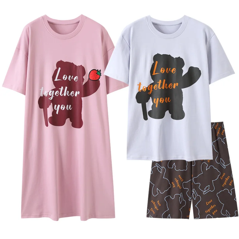 Pajamas Sets for Woman Shorts Couple Summer Short-sleeved Cotton Nightgown Men 2023 New Two-piece Suit Homewear Sleepwear Set