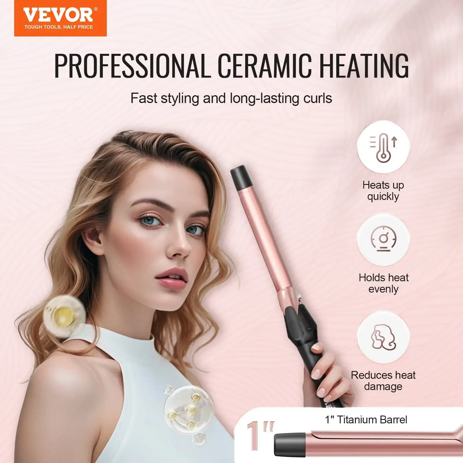 1-Inch Curling Iron Ceramic Hair Curling Wand for All Hair Types Rose Gold