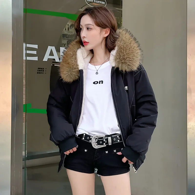 

Зимняя женская ветровка из овечьей шерсти, однотонная лоскутная роскошная женская стеганая куртка с меховым воротником на молнии, ветрозащитное термопальто для пар